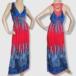 Red, Blue & Black Peacock Feather, V-Neck, Smocked & Lace Contrast Maxi Dress